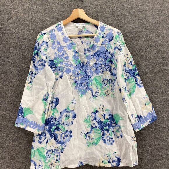 Charter Club Blouse Women M Medium White Floral V-Neck 3/4 Sleeve Linen Casual - Picture 3 of 8